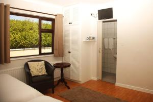 a bedroom with a chair and a window and a shower at Torine House B&B in Killorglin