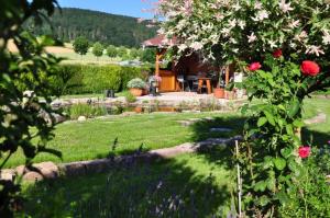 a garden with a house in the background with flowers at Bramwaldblick in Hannoversch Münden