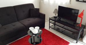 a living room with a couch and a flat screen tv at Séjour romantique à Cabourg, studio vue mer in Cabourg