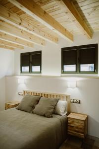 1 dormitorio con 1 cama y 2 ventanas en Casa Rural el Cocodrilo, en Agés