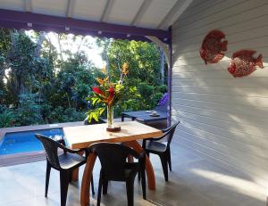 a table and chairs on a patio with a window at Caraïbes Cottages Jellyfish piscine privée sur les hauteurs de la plage de Grande Anse in Deshaies