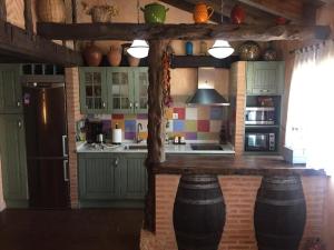 a kitchen with green cabinets and a counter with barrels in it at Casa Rural La Charolesa in Aguilera