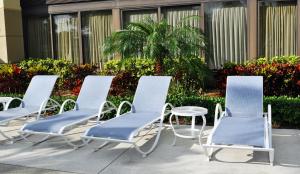 Holiday Inn Express Boca Raton - West, an IHG Hotel في بوكا راتون: مجموعة من الكراسي وطاولة والنخيل