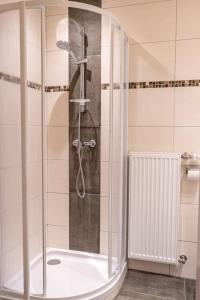 a shower with a glass door in a bathroom at Pension Waldhauser in Rennweg