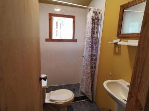 łazienka z toaletą i umywalką w obiekcie Cabaa Pudomo en Coaripe - Cercana al lago w mieście Coñaripe