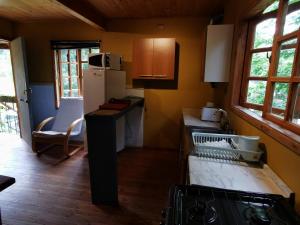 małą kuchnię z kuchenką i lodówką w obiekcie Cabaa Pudomo en Coaripe - Cercana al lago w mieście Coñaripe