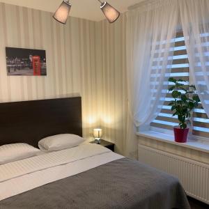 a bedroom with a bed and a window with a potted plant at Hotel Business Apartments in Dnipro