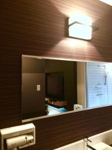 espejo en el baño con lavabo y TV en LUXe, en Higashihiroshima