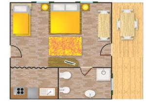 Plano del suelo de un baño con amarillo y marrón en Villa al Mare Camping-Village - 4 Stelle, en Cavallino-Treporti