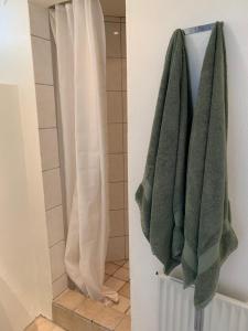 a bathroom with two green towels hanging on a wall at Surf Apartment Stormgade in Hvide Sande