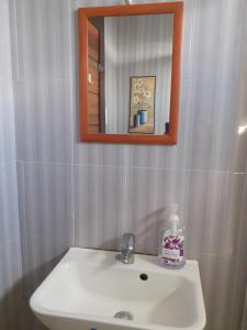 Sienna's Flat and Transient House في لواوْغ: حمام مع حوض أبيض ومرآة
