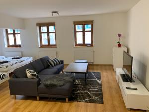 a living room with a couch and a bed at Apartmány U Vodního hradu in Česká Lípa