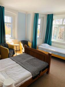カルパチにあるWilla Pod Wieżamiのベッドルーム1室(ベッド2台、青いカーテン付)