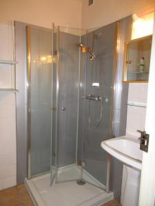 a bathroom with a shower and a sink at Gîtes la Mexicaine in Jausiers