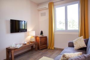 a living room with a couch and a tv on a wall at Hotel Scandola in Piana