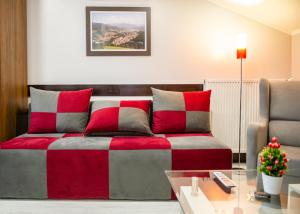 a living room with a red and grey couch at NBN NATIONAL CO in Ivanjica