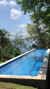 een blauw zwembad met bomen op de achtergrond bij Siriúba Reserve in Ilhabela