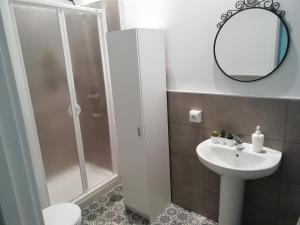 łazienka z prysznicem, umywalką i lustrem w obiekcie SALOTUR Tomas de Ibarra w Sewilli