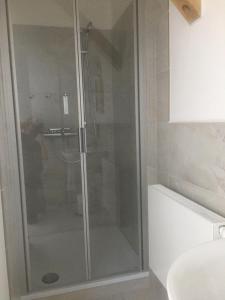 een douche met een glazen deur in de badkamer bij Altstadt-Ferienwohnungen Neuruppin in Neuruppin
