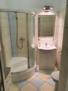 a bathroom with a shower and a sink at Casa Di Pinokio in Sopot