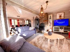 a living room with a blue couch and a tv at Chalet de Charme in Rochehaut