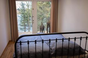 a bedroom with a bed and a large window at Zakątek Nad Jeziorem in Łyśniewo