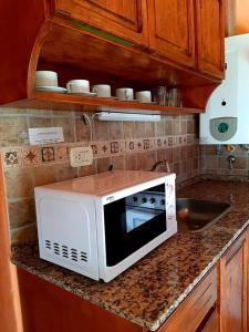 a microwave sitting on top of a kitchen counter at Cabañas Calderón II in San Rafael