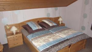 ein Schlafzimmer mit einem großen Bett mit zwei Lampen in der Unterkunft Ferienhaus Fanny in Lam