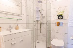 a bathroom with a shower and a toilet and a sink at Flowers Island house 2 in Funchal
