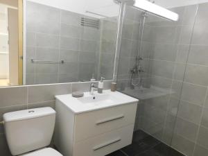 ein Bad mit einem WC, einem Waschbecken und einer Dusche in der Unterkunft Lovely 1 Bedroom Boulevard de la Croisette in Cannes