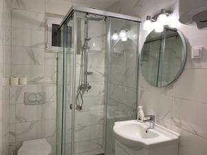 a bathroom with a shower and a sink and a mirror at Veselinka Apartments & Rooms in Budva
