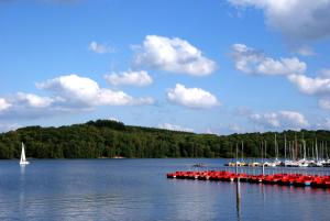 un muelle con botes rojos en el agua en Ferienwohnung Seestern, en Neunkirchen