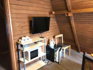 a corner of a room with a tv and a desk with a computer at Domki Brda in Karpacz