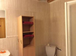 ein Badezimmer mit einem WC und einer Dusche mit roten Handtüchern in der Unterkunft Lèdre in La Bastide-de-Sérou