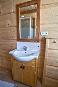a bathroom with a sink and a mirror at Pokoje u Uli in Kościelisko