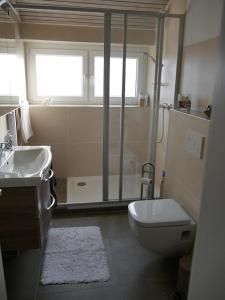 ein Bad mit einer Dusche, einem WC und einem Waschbecken in der Unterkunft Ferienwohnung Haus Sonnenberg in Bremervörde