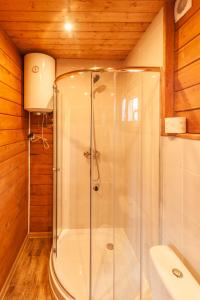 a shower stall in a bathroom with wooden walls at Domki Sielanka in Niechorze