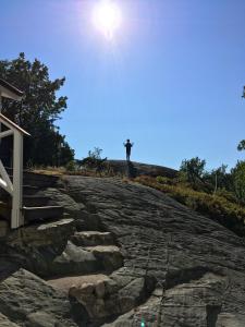 una persona parada en la cima de una colina de roca en Peaceful Cottage, en Gotemburgo