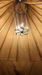 a chandelier hanging from the ceiling of a tent at Orr Family Farm & RR, LLC in Oklahoma City