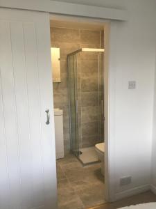 a bathroom with a glass shower and a toilet at Zen House Bath in Bath