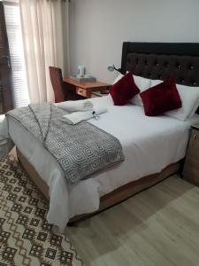 a bedroom with a large bed with red pillows at Vaticious in Secunda