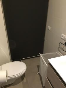 a bathroom with a white toilet and a black wall at apartamento cristina in El Rompido
