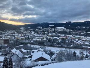 a city covered in snow with mountains in the background at Lambach Villa Appartament 2 in Mürzzuschlag