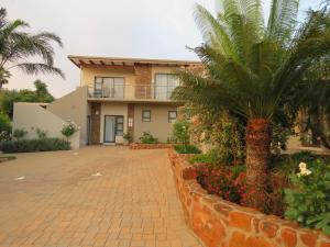 a house with a palm tree and a brick driveway at Sunbird Garden Cottage in Pretoria