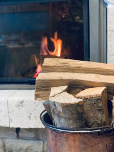 a bucket of logs in front of a fireplace at Il Duca Degli Abruzzi in Pescasseroli