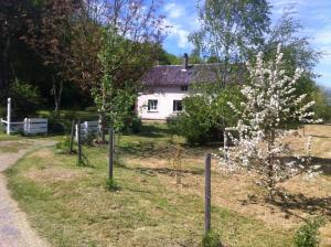 ein weißes Haus mit einem Zaun und einem blühenden Baum in der Unterkunft La grange in Alluyes