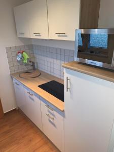 洪堡的住宿－Ferienwohnung Sabine，厨房配有白色橱柜和微波炉
