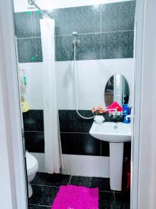 y baño con lavabo y ducha con espejo. en Guest House Marina, en Tiflis
