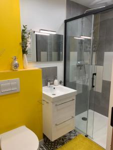 żółta łazienka z umywalką i prysznicem w obiekcie La Maison d'Amalaurille w mieście Saint-Gaudens