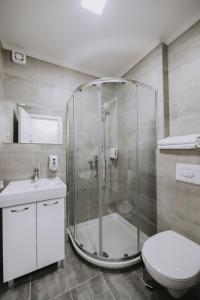 e bagno con doccia, servizi igienici e lavandino. di Hotel Tanja a Banja Luka